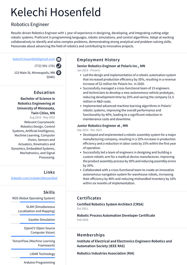 Lyft Robotics Engineer Resume Example