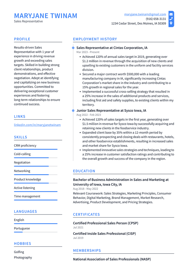 Lyft Sales Representative Resume Example