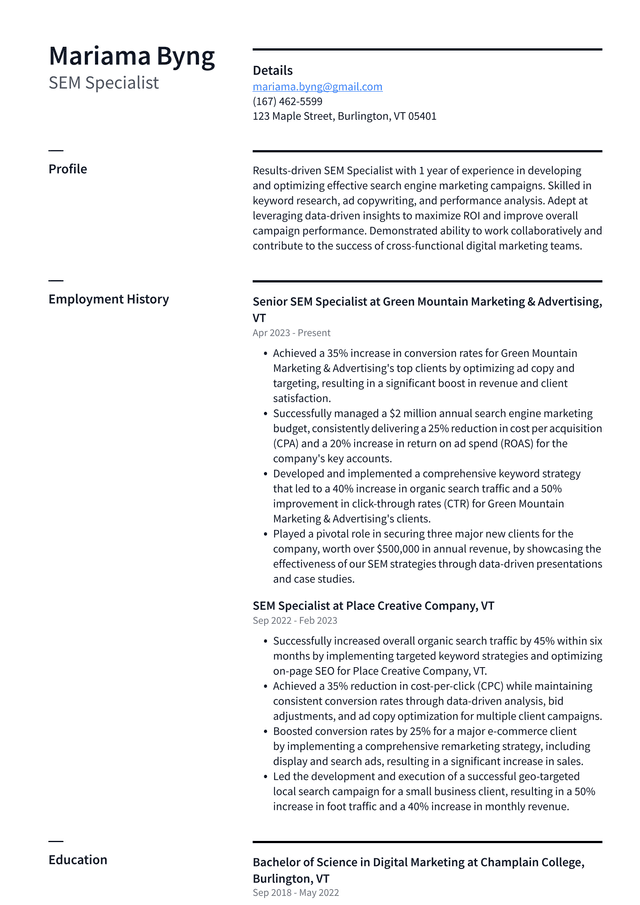 Lyft SEM Specialist Resume Example