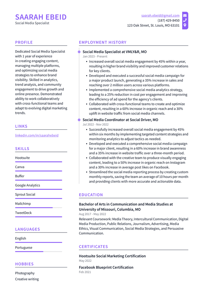 Lyft Social Media Specialist Resume Example