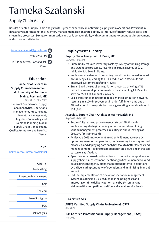 Lyft Supply Chain Analyst Resume Example