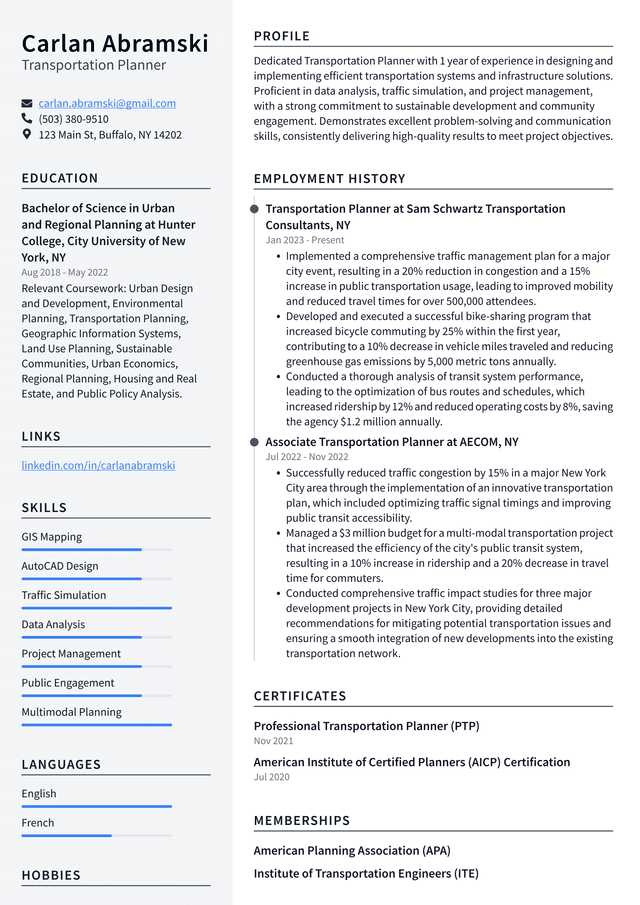 Lyft Transportation Planner Resume Example