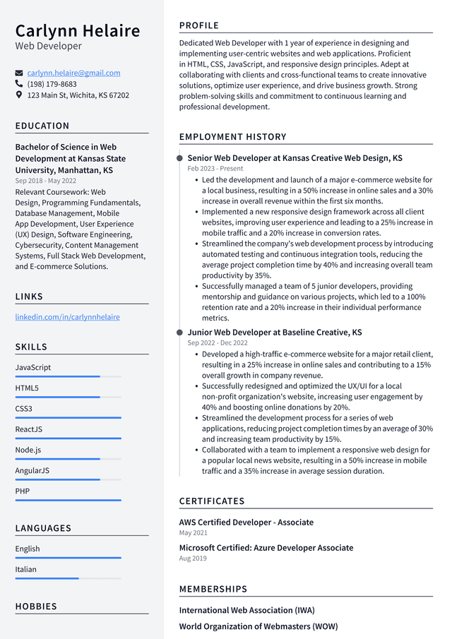 Lyft Web Developer Resume Example