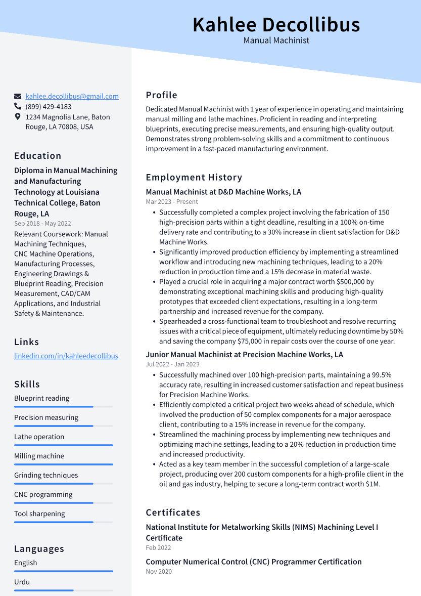 Manual Machinist Resume Example