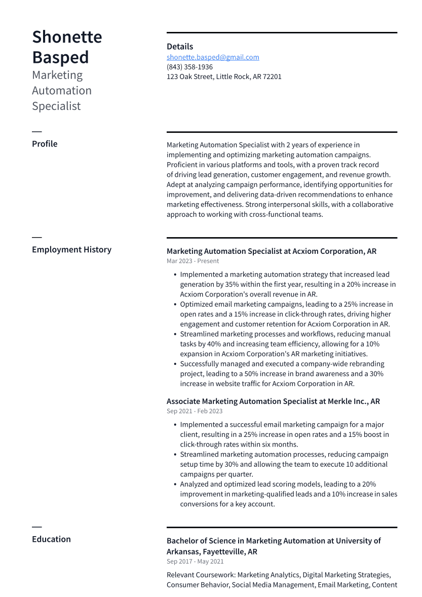 Marketing Automation Specialist Resume Example