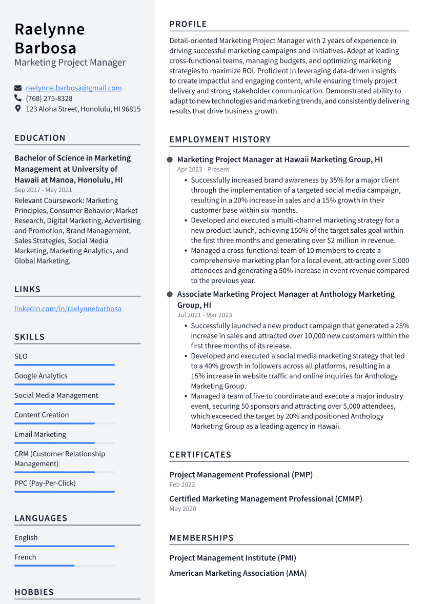 Marketing Project Manager Resume Example