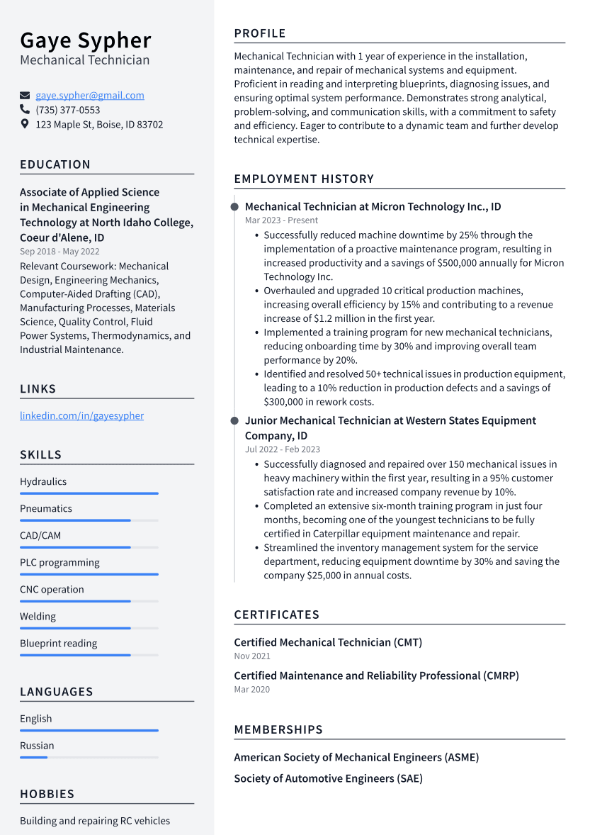 Mechanical Technician Resume Example