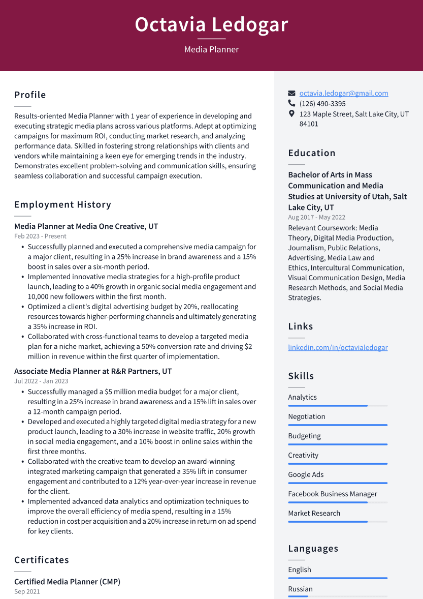 Media Planner Resume Example
