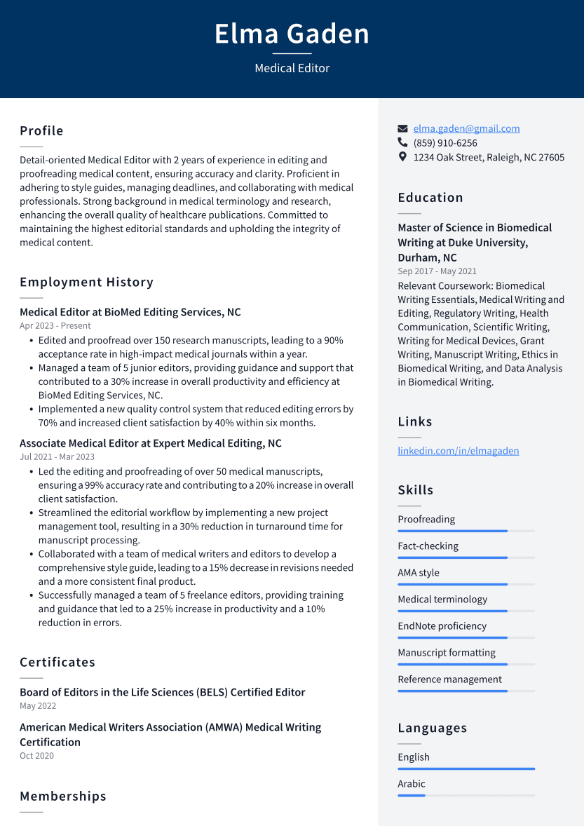 Medical Editor Resume Example