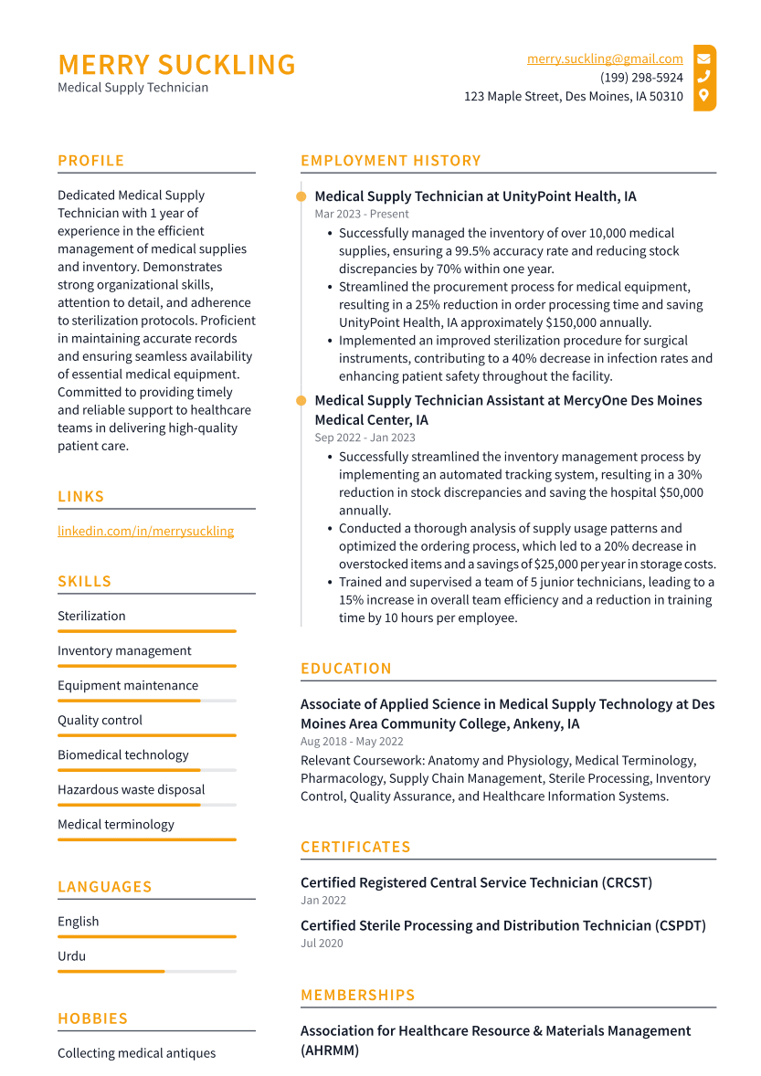 Medical Supply Technician Resume Examples And Templates