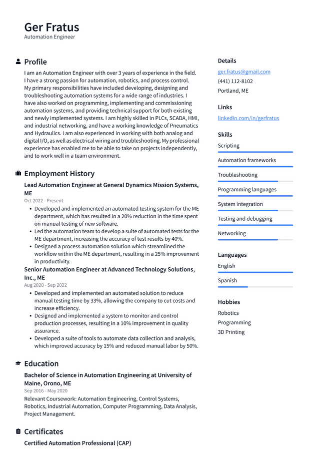 Meta Automation Engineer Resume Example