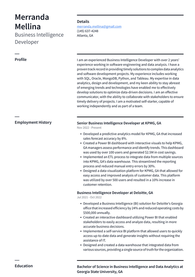 Meta Business Intelligence Developer Resume Example