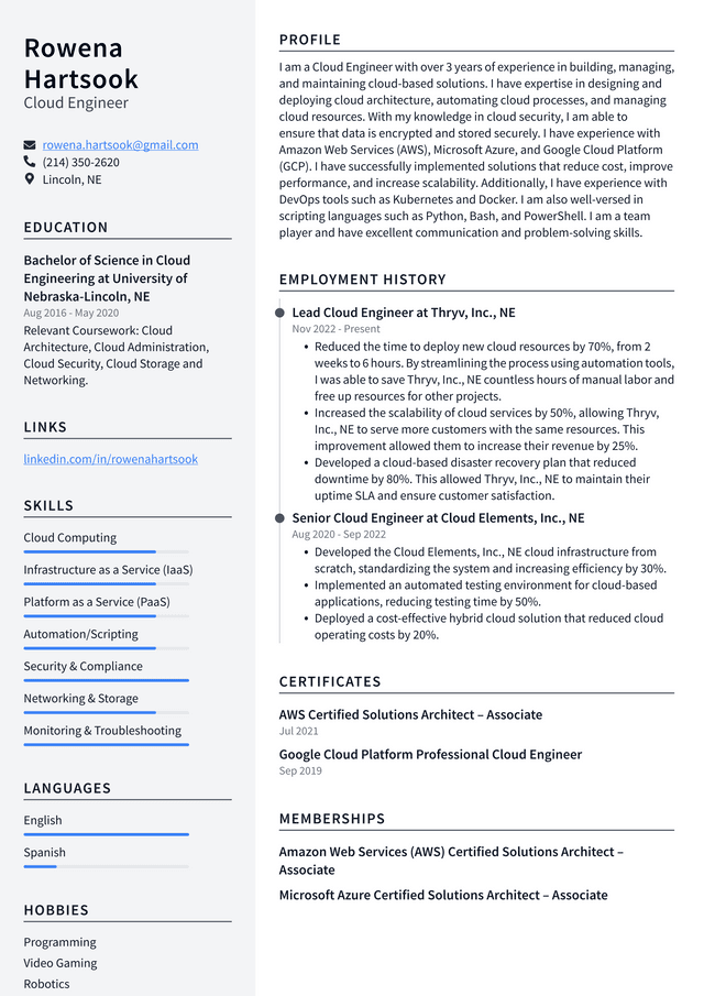 Meta Cloud Engineer Resume Example