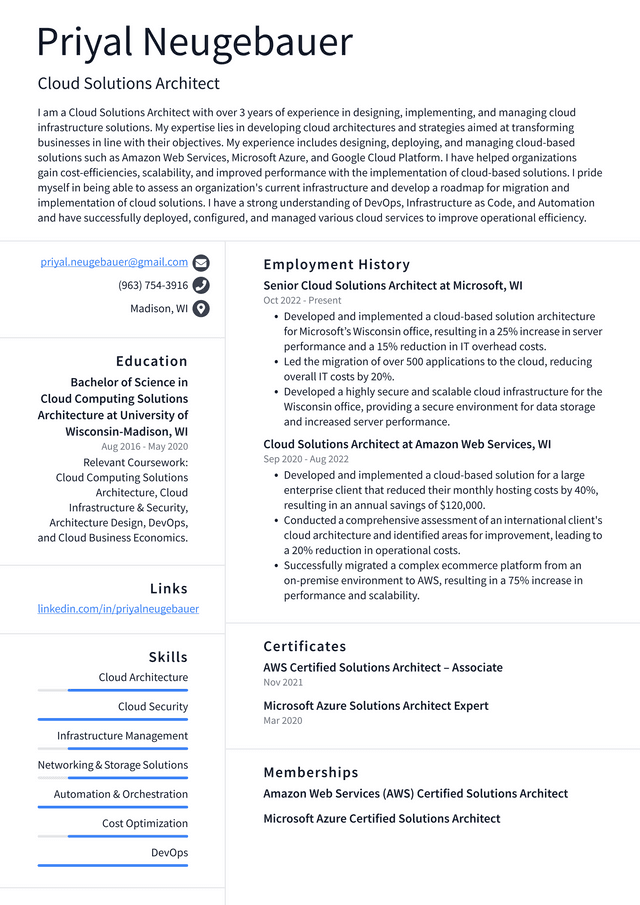 Meta Cloud Solutions Architect Resume Example