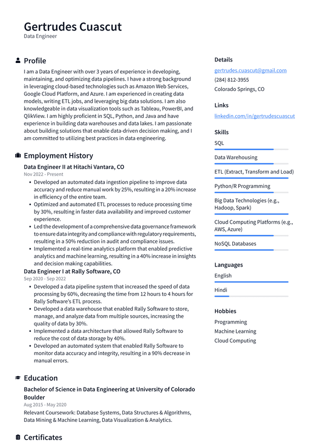 Meta Data Engineer Resume Example