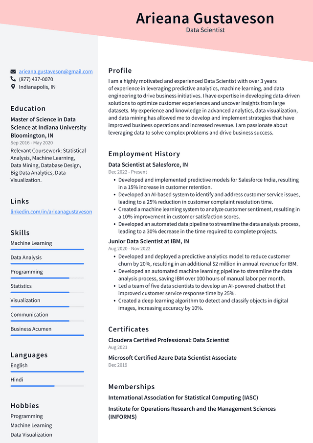 Meta Data Scientist Resume Example