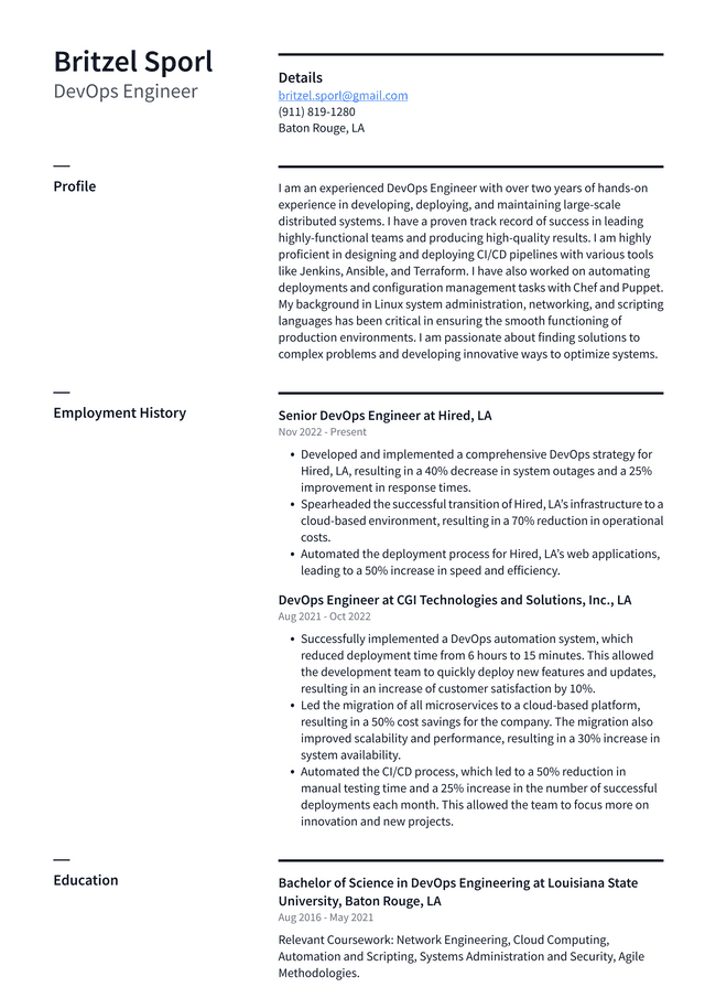 Meta DevOps Engineer Resume Example