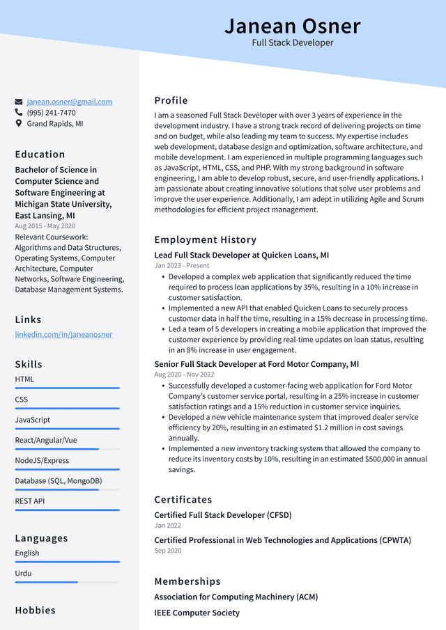 Meta Full Stack Developer Resume Example