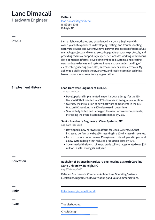 Meta Hardware Engineer Resume Example