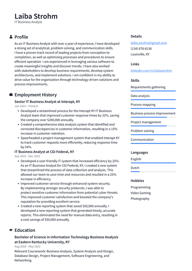 Meta IT Business Analyst Resume Example