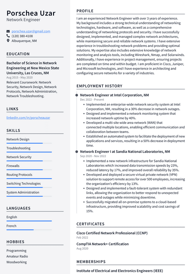 Meta Network Engineer Resume Example