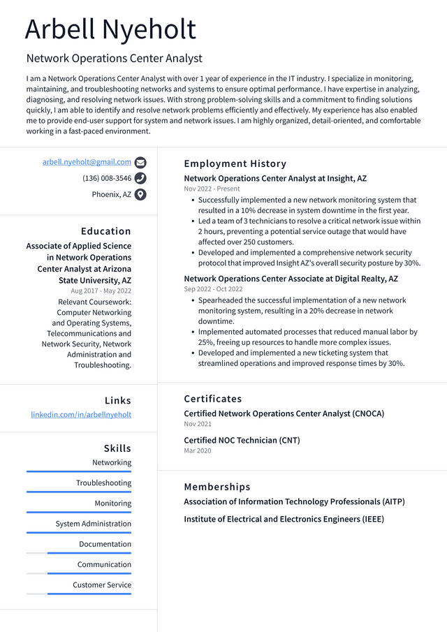 Meta Network Operations Center Analyst Resume Example