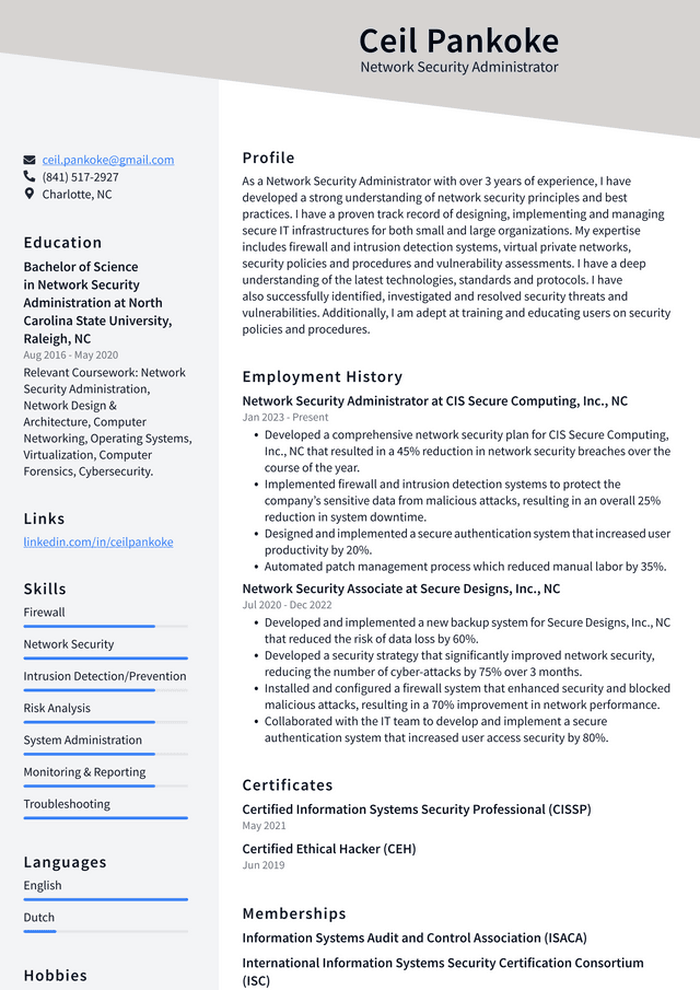 Meta Network Security Administrator Resume Example