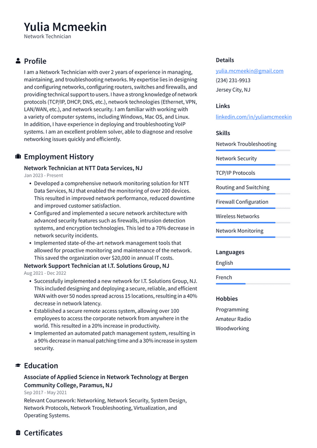 Meta Network Technician Resume Example