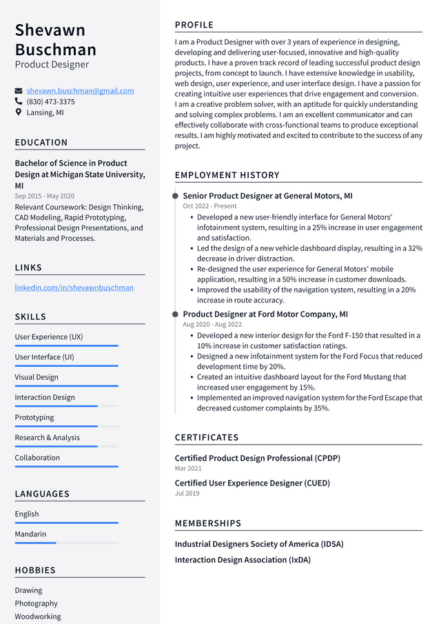 Meta Product Designer Resume Example