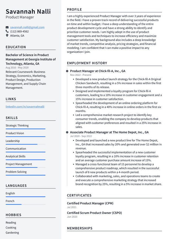 Meta Product Manager Resume Example