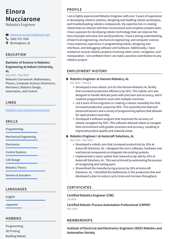 Meta Robotics Engineer Resume Example