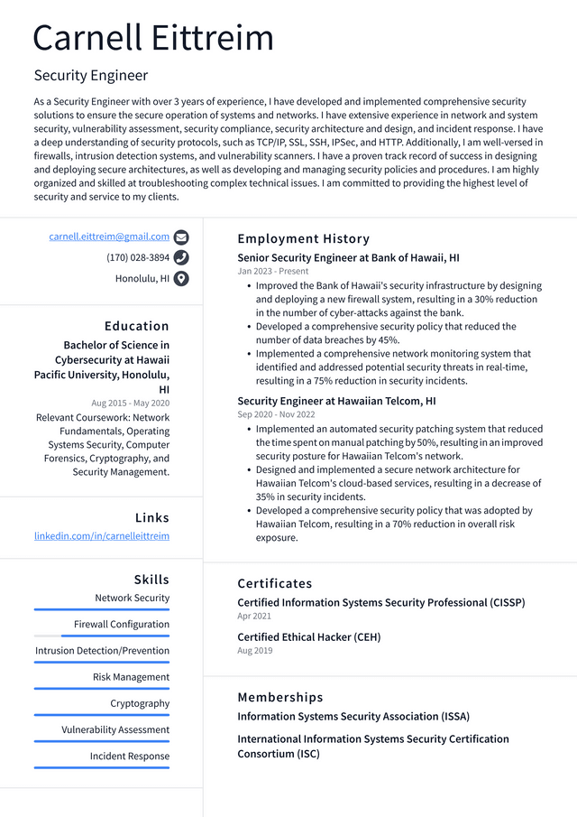 Meta Security Engineer Resume Example