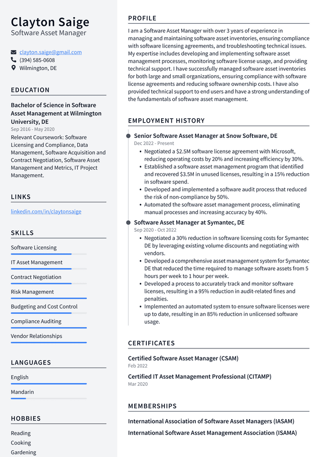 Meta Software Asset Manager Resume Example