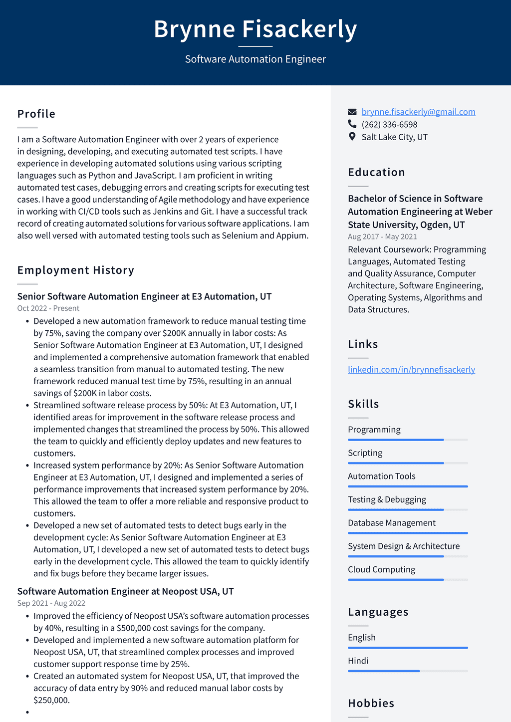 Meta Software Automation Engineer Resume Examples