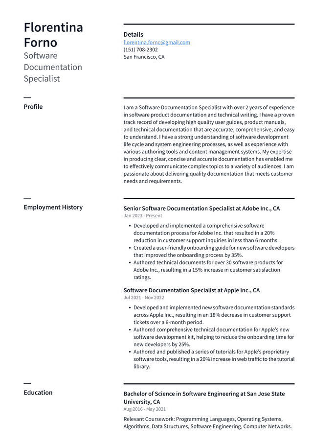 Meta Software Documentation Specialist Resume Example