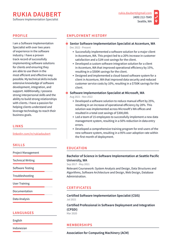 Meta Software Implementation Specialist Resume Example