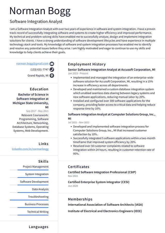 Meta Software Integration Analyst Resume Example