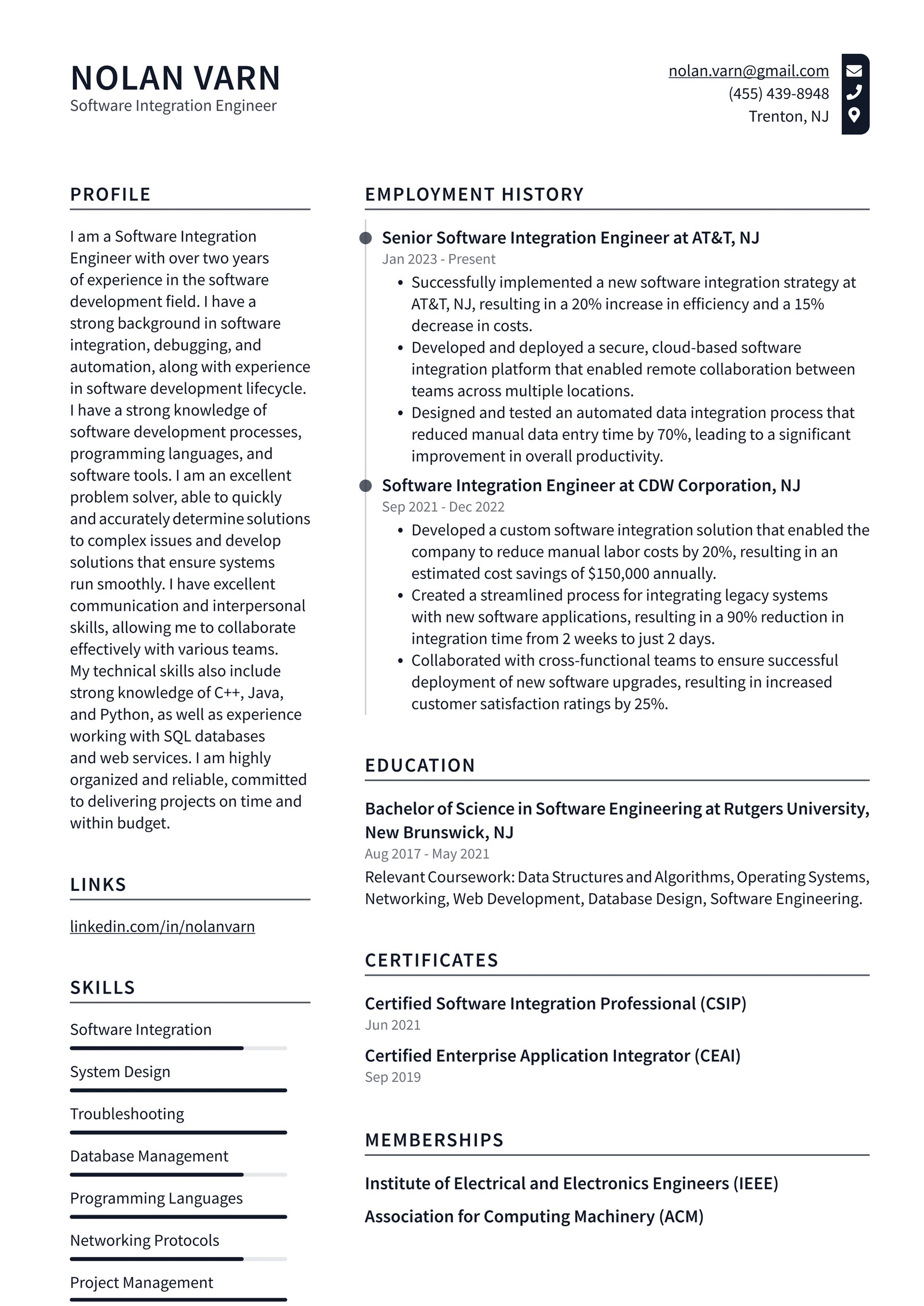 Meta Software Integration Engineer Resume Examples