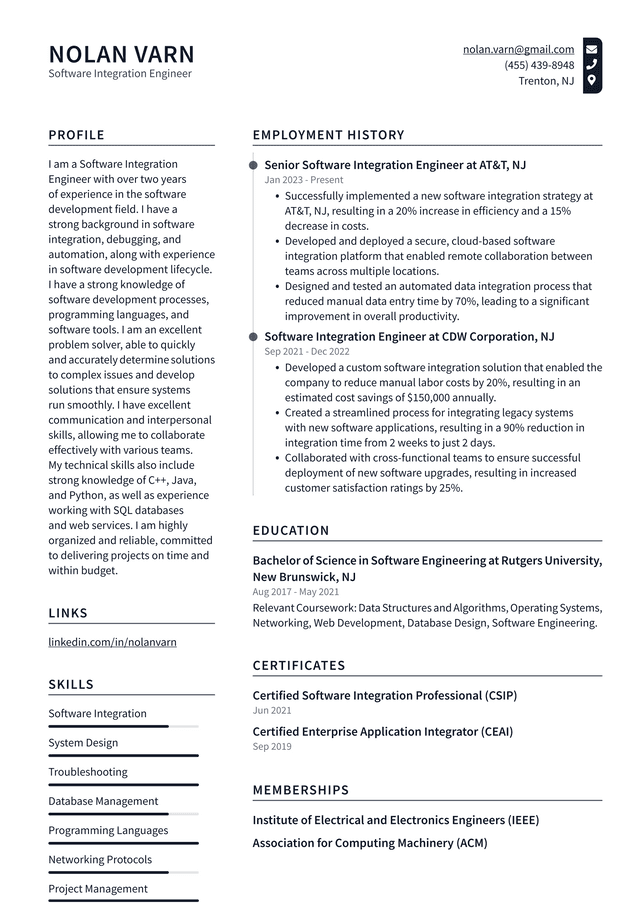 Meta Software Integration Engineer Resume Example