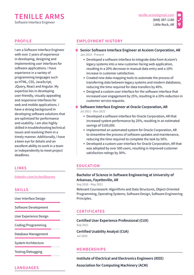 Meta Software Interface Engineer Resume Example