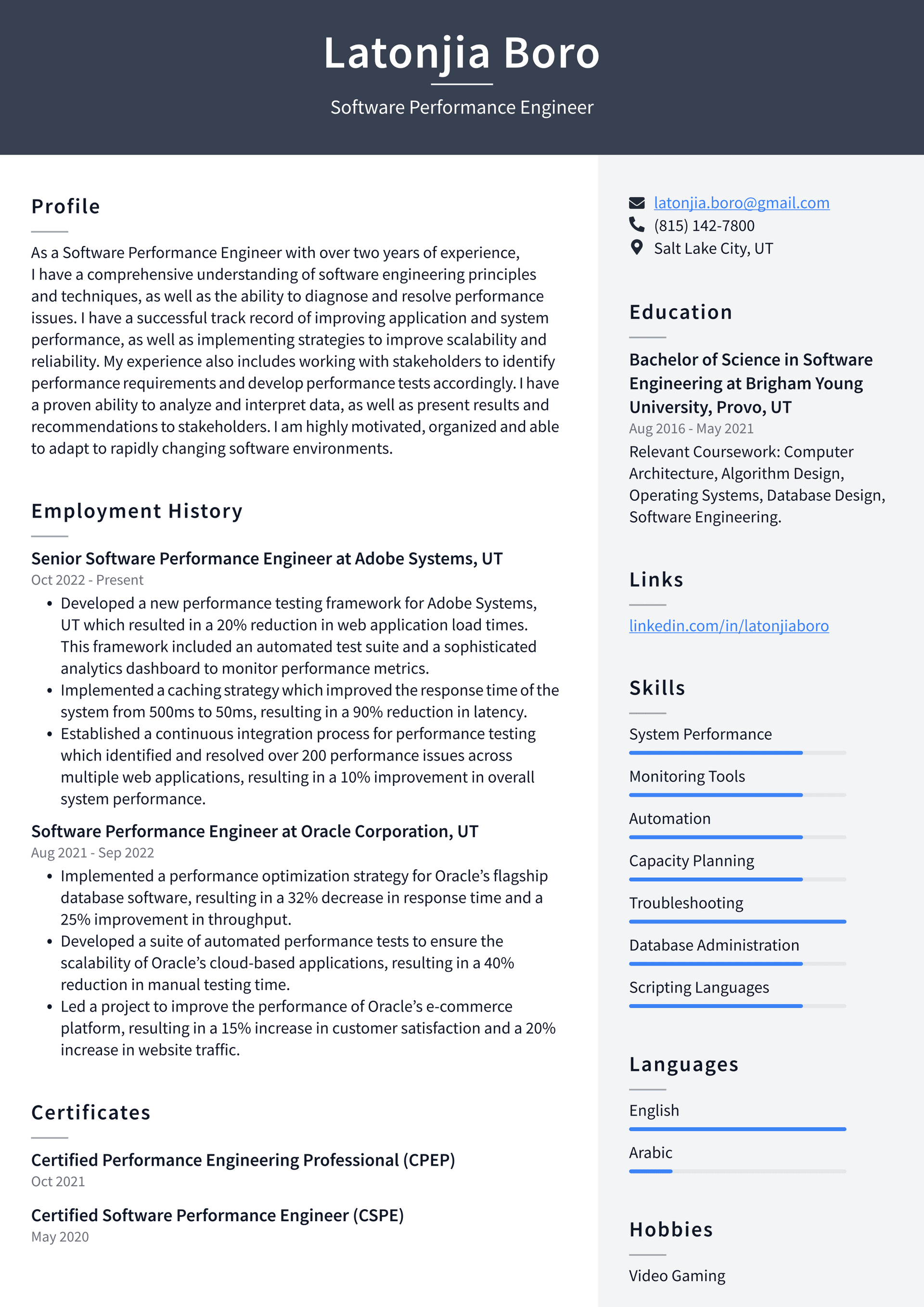 Meta Software Performance Engineer Resume Examples
