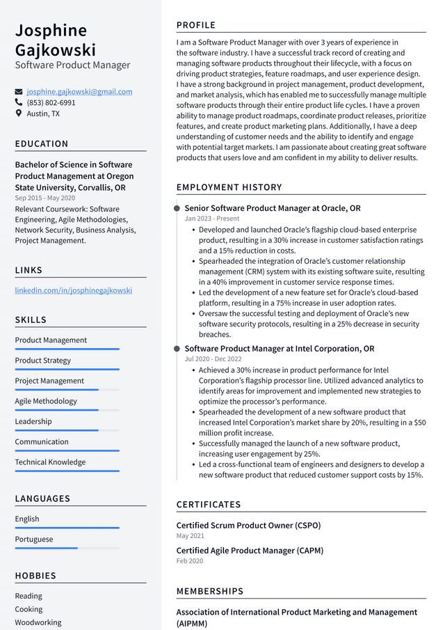 Meta Software Product Manager Resume Example