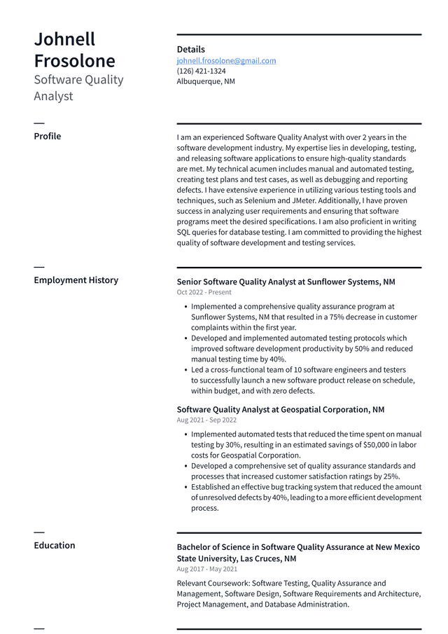 Meta Software Quality Analyst Resume Example