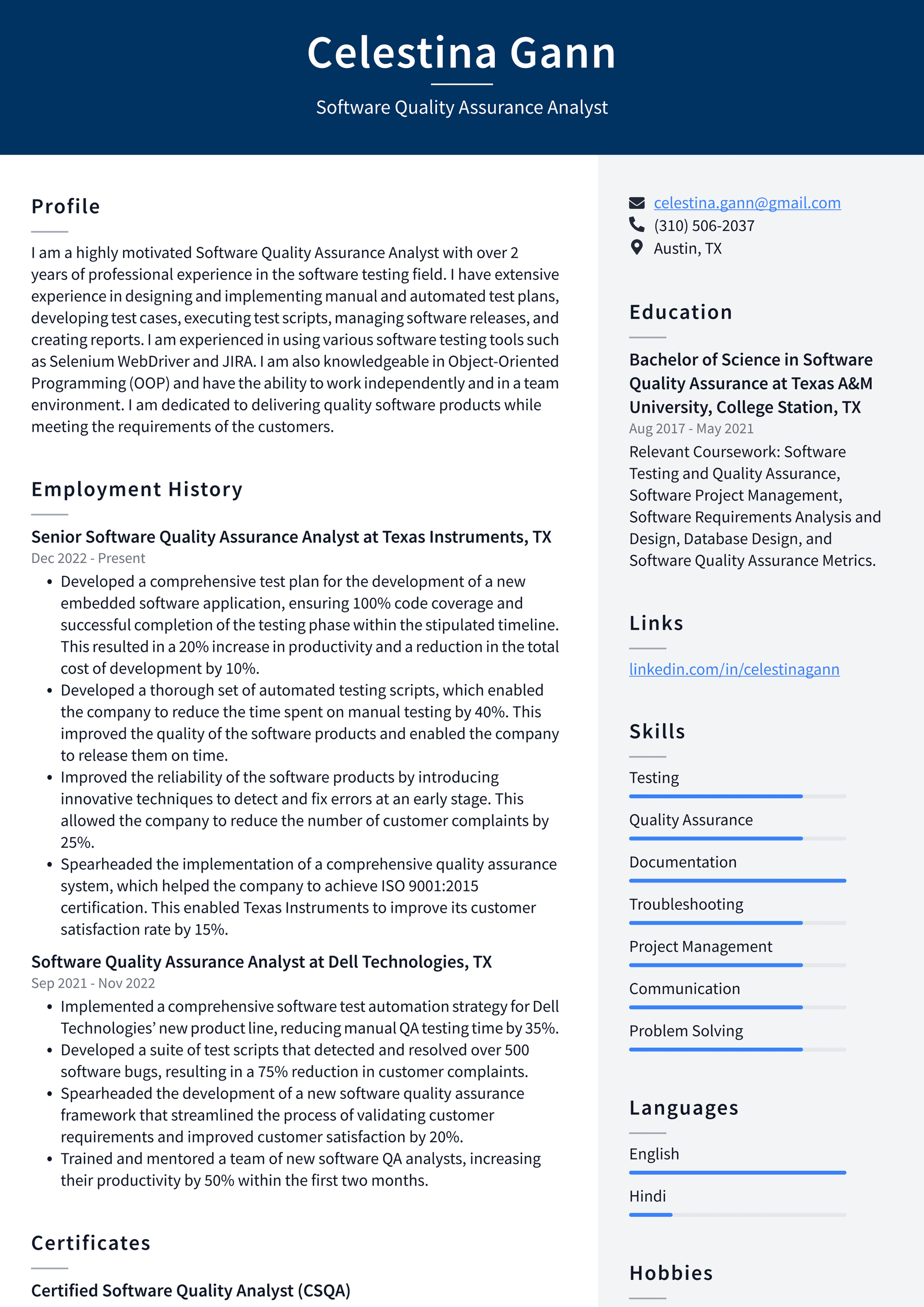 Meta Software Quality Assurance Analyst Resume Examples