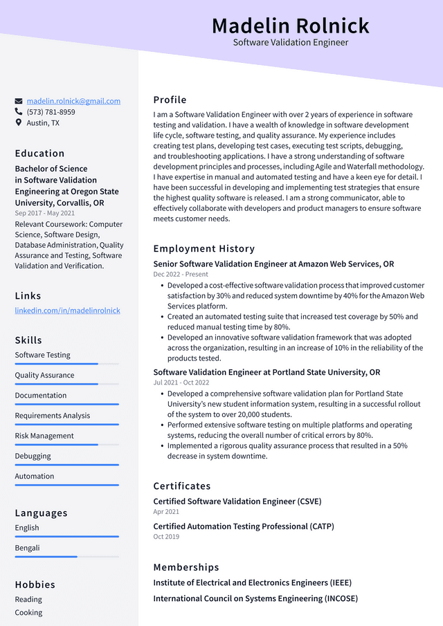 Meta Software Validation Engineer Resume Example
