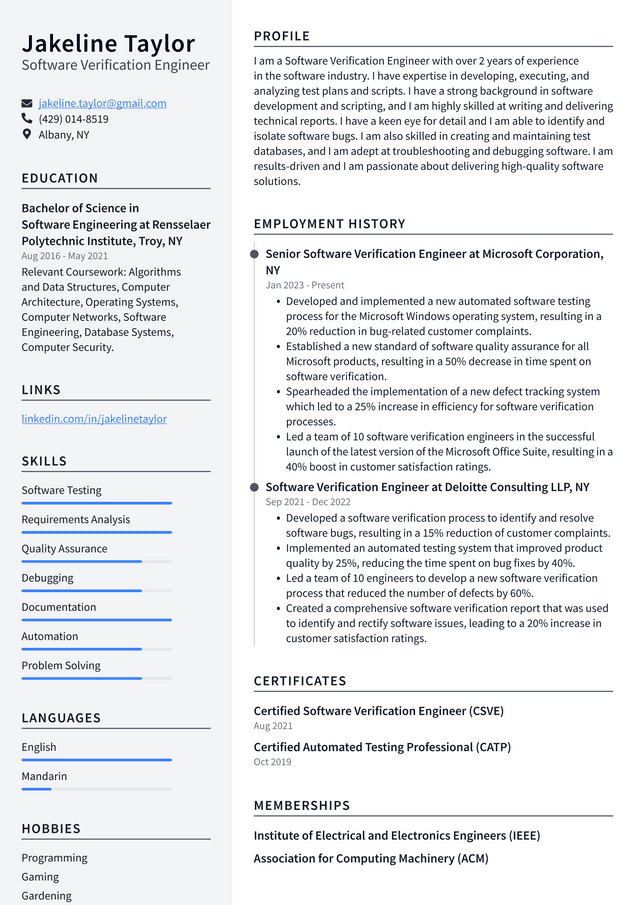 Meta Software Verification Engineer Resume Example