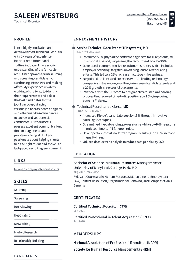 Meta Technical Recruiter Resume Example