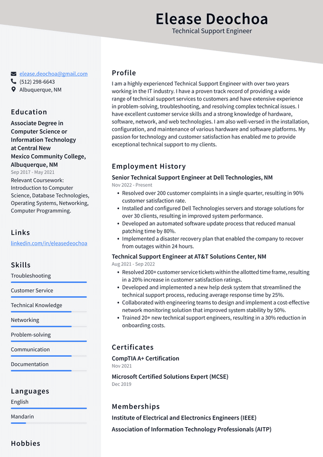 resume of support engineer