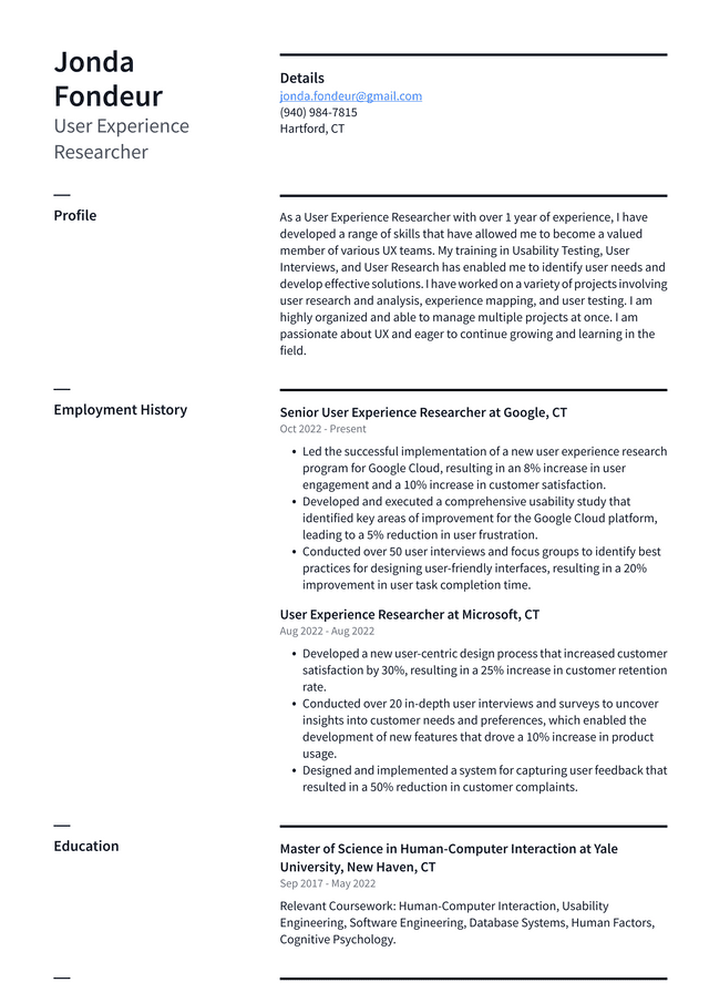 Meta User Experience Researcher Resume Example