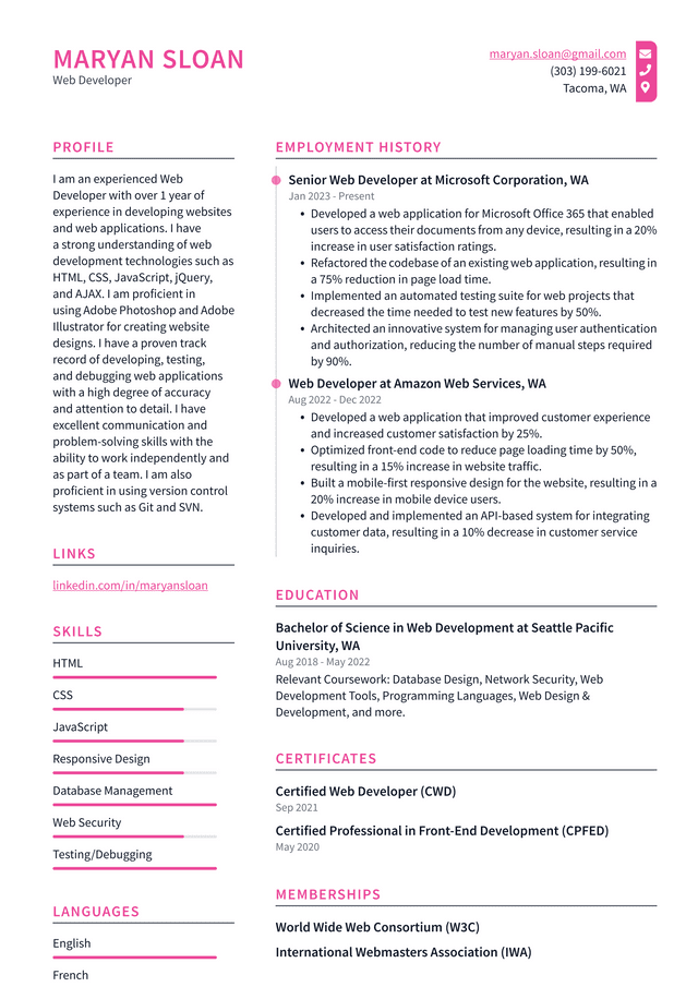 Meta Web Developer Resume Example